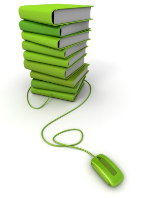 A pile of green covered books attached to a green computer mouse